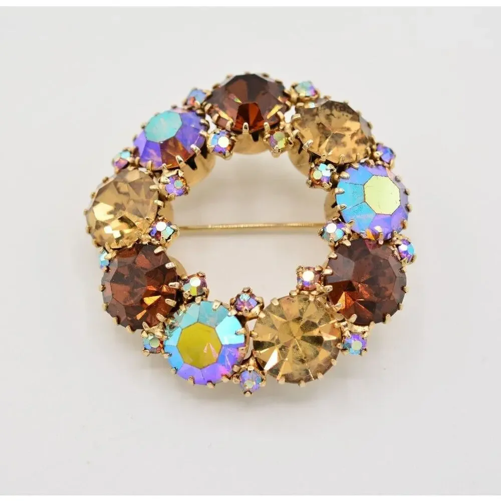 Weiss Vintage Crystal Pin Brooch AB Brown Rhinestone Gold Sparkling SIgned Bin5A